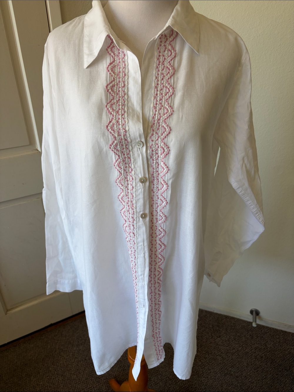 Subtle Luxury White Tunic with Pink Embroidered Trim